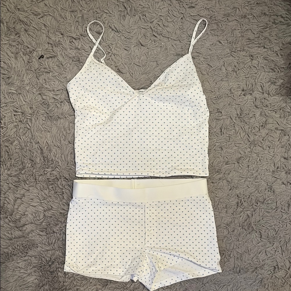 White and Blue Heart Print Crop Top and Shorts Set